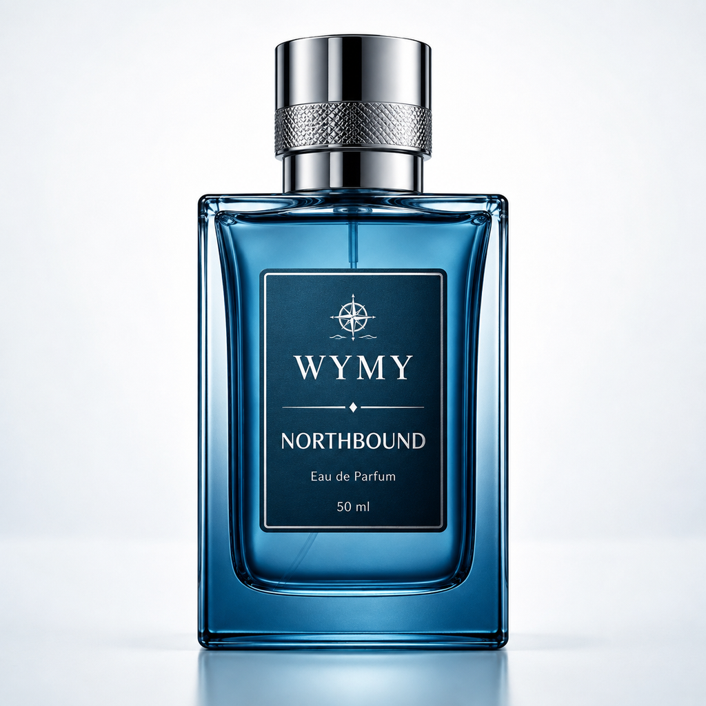 A 50 ml bottle of WMY Northbound Eau de Parfum, featuring a translucent blue glass body, a dark blue label with white text, and a shiny silver metallic cap, set against a clean white background.