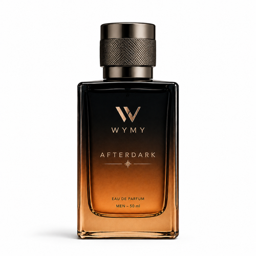 Wymy Afterdark Eau de Parfum for men in a rectangular gradient amber-brown glass bottle with a dark metallic cap, shown on a clean white background.