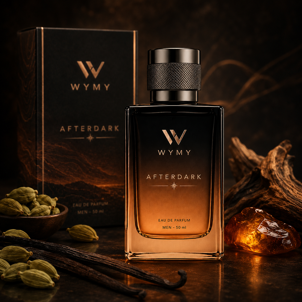 A bottle of WMY Afterdark Eau de Parfum with a matching box, styled with spices and wood on a dark background.